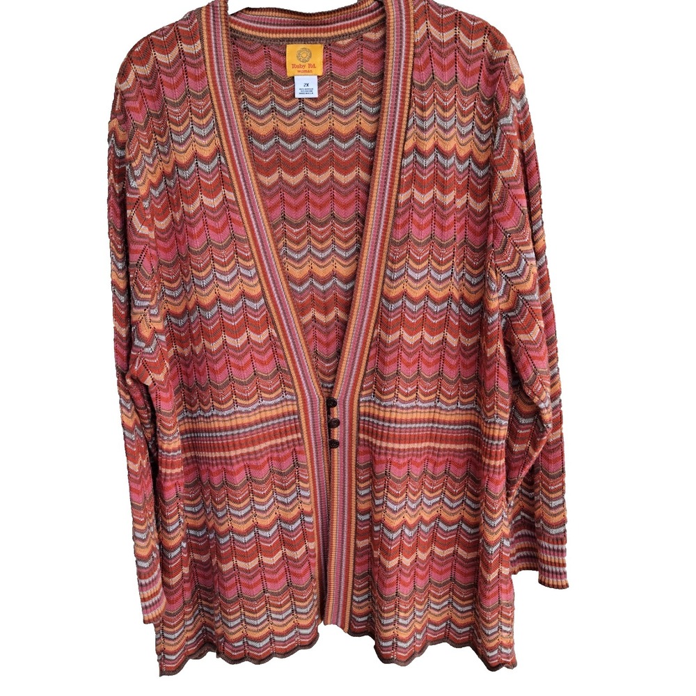 Ruby Rd. Women's Colorful Knit 3/4 Sleeve Cardigan Button Up Size 2X Made In USA